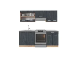 Vicco R-Line Küchenzeile Schwarz Beton/Goldkraft Eiche 200 cm AP Marmor ohne E-Geräte