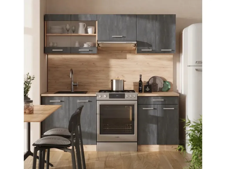 Vicco R-Line Küchenzeile Schwarz Beton/Goldkraft Eiche 200 cm AP Marmor ohne E-Geräte