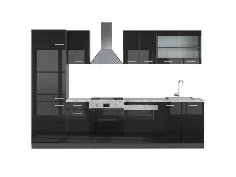 Vicco R-Line Küchenzeile Schwarz Hochglanz/Anthrazit 300 cm AP Marmor ohne E-Geräte