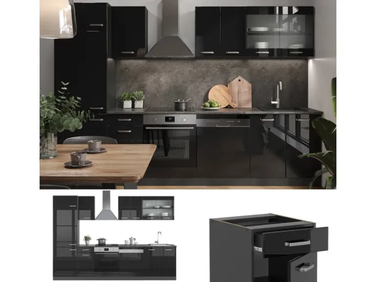 Vicco R-Line Küchenzeile Schwarz Hochglanz/Anthrazit 300 cm AP Marmor ohne E-Geräte