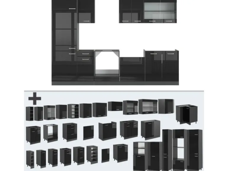 Vicco R-Line Küchenzeile Schwarz Hochglanz/Anthrazit 300 cm AP Marmor ohne E-Geräte