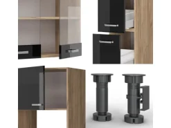 Vicco R-Line Küchenzeile Schwarz Hochglanz/Goldkraft Eiche 350 cm mit Hochschrankohne Arbeitsplatte ohne E-Geräte