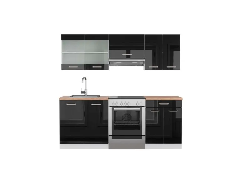 Vicco R-Line Küchenzeile Schwarz Hochglanz/Weiß 200 cm AP Eiche ohne E-Geräte