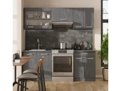 Vicco R-Line Küchenzeile Schwarz Beton/Anthrazit 200 cm AP Eiche ohne E-Geräte