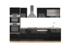 Vicco R-Line Küchenzeile Schwarz Hochglanz/Goldkraft Eiche 300 cm mit HochschrankAP Eiche ohne E-Geräte