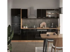Vicco R-Line Küchenzeile Schwarz Hochglanz/Goldkraft Eiche 300 cm mit HochschrankAP Eiche ohne E-Geräte