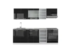 Vicco R-Line Küchenzeile Schwarz Hochglanz 240 cm AP Marmor ohne E-Geräte