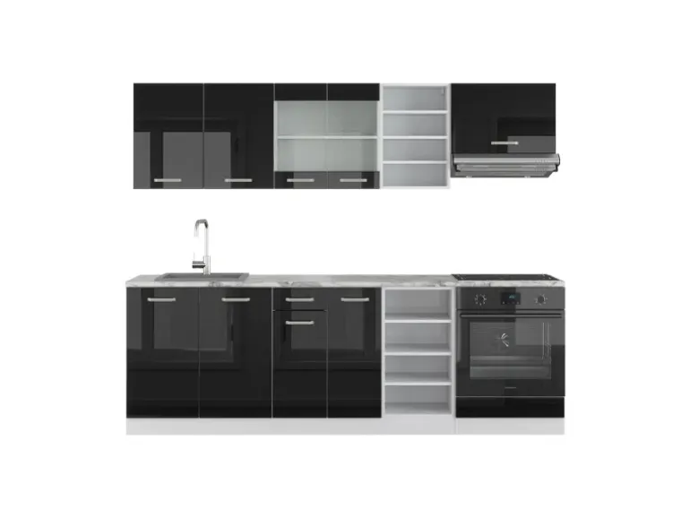 Vicco R-Line Küchenzeile Schwarz Hochglanz 240 cm AP Marmor ohne E-Geräte