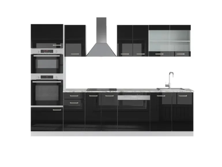 Vicco R-Line Küchenzeile Schwarz Hochglanz 300 cm mit HochschrankAP Marmor ohne E-Geräte