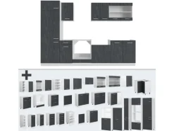 Vicco R-Line Küchenzeile Schwarz Beton/Weiß 300 cm AP Marmor ohne E-Geräte