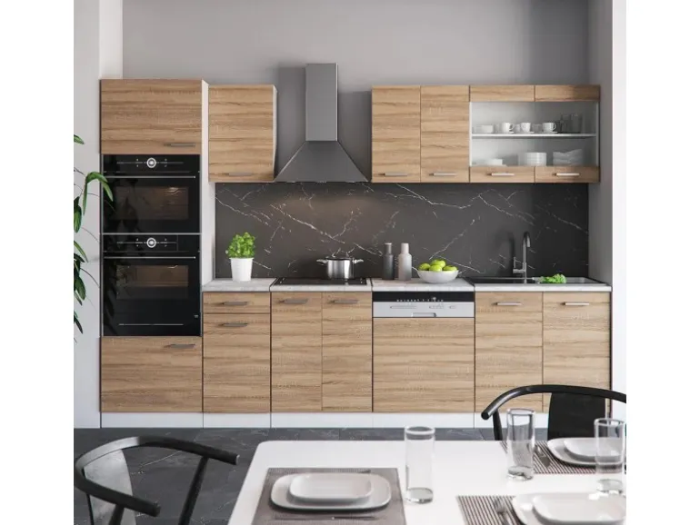 Vicco R-Line Küchenzeile Sonoma/Weiß 300 cm mit HochschrankAP Anthrazit ohne E-Geräte