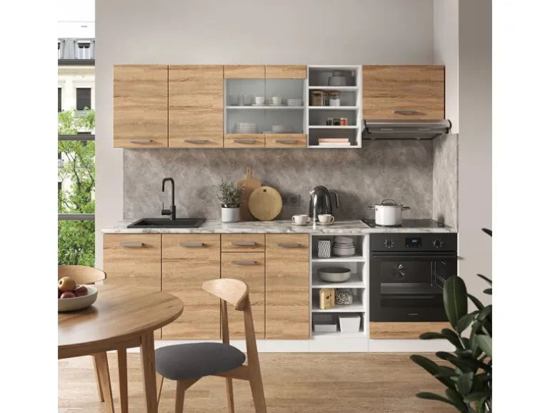 Vicco R-Line Küchenzeile Sonoma/Weiß 240 cm ohne Arbeitsplatte ohne E-Geräte