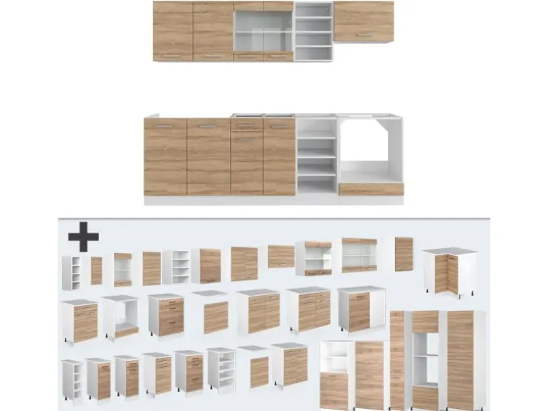 Vicco R-Line Küchenzeile Sonoma/Weiß 240 cm ohne Arbeitsplatte ohne E-Geräte