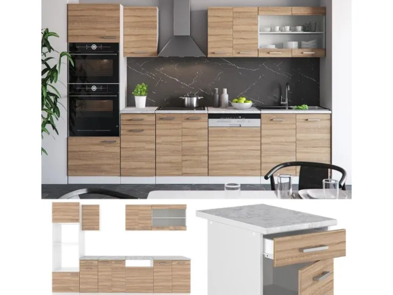 Vicco R-Line Küchenzeile Sonoma/Weiß 300 cm mit HochschrankAP Eiche ohne E-Geräte