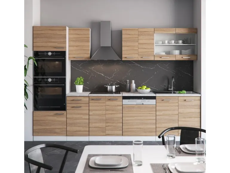 Vicco R-Line Küchenzeile Sonoma/Weiß 300 cm mit HochschrankAP Eiche ohne E-Geräte