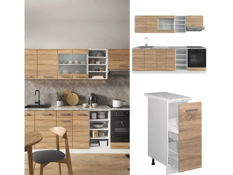 Vicco R-Line Küchenzeile Sonoma/Weiß 240 cm AP Marmor ohne E-Geräte