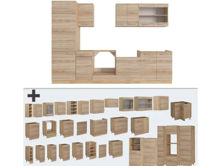 Vicco R-Line Küchenzeile Sonoma/Goldkraft Eiche 300 cm ohne Arbeitsplatte ohne E-Geräte