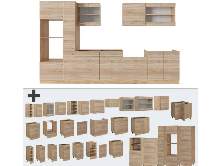 Vicco R-Line Küchenzeile Sonoma/Goldkraft Eiche 350 cm ohne Arbeitsplatte ohne E-Geräte