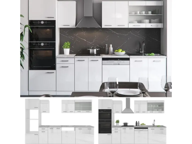 Vicco R-Line Küchenzeile Weiß 300 cm mit HochschrankAP Marmor ohne E-Geräte