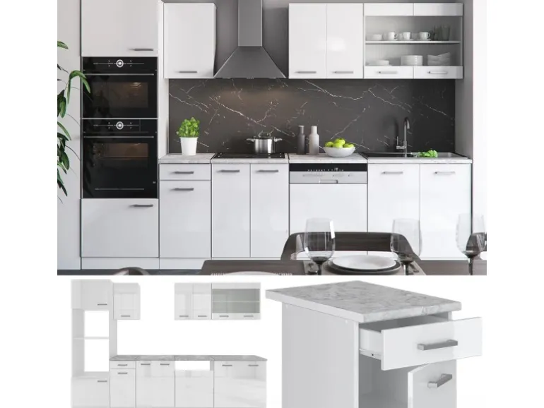 Vicco R-Line Küchenzeile Weiß 300 cm mit HochschrankAP Marmor ohne E-Geräte