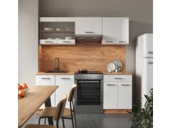Vicco R-Line Küchenzeile Weiß Hochglanz/Goldkraft Eiche 200 cm ohne Arbeitsplatte ohne E-Geräte