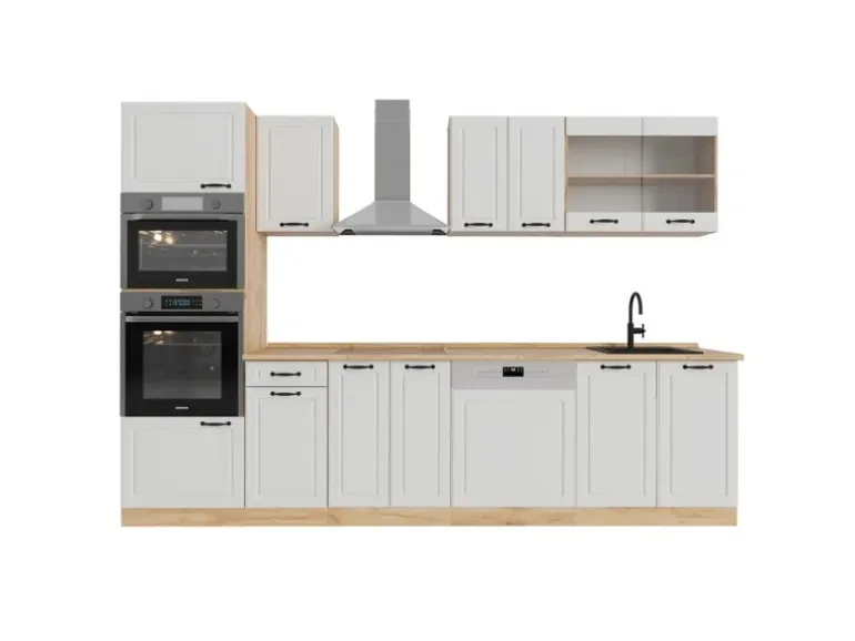 Vicco R-Line Küchenzeile Weiß Landhaus/Goldkraft Eiche 300 cm mit HochschrankAP Eiche ohne E-Geräte