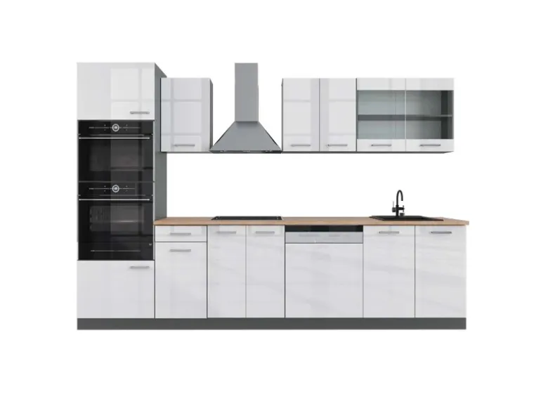Vicco R-Line Küchenzeile Weiß Hochglanz/Anthrazit 300 cm mit HochschrankAP Eiche ohne E-Geräte