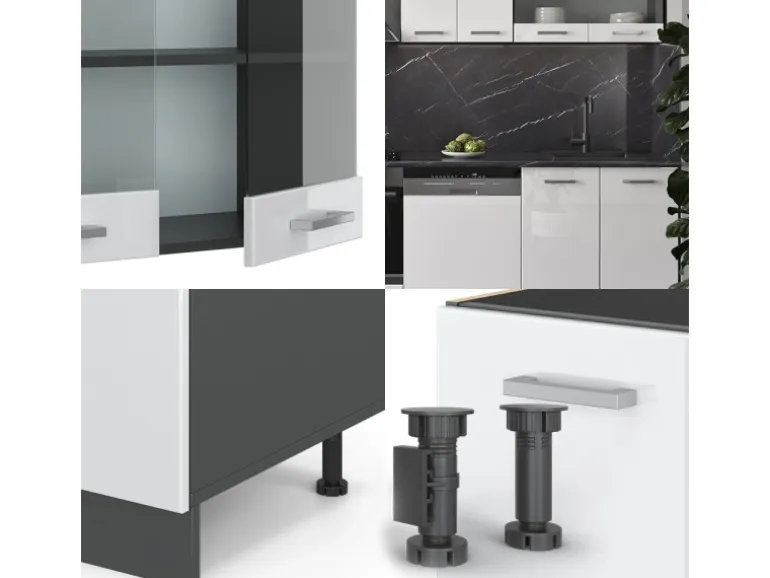 Vicco R-Line Küchenzeile Weiß Hochglanz/Anthrazit 300 cm AP Marmor ohne E-Geräte