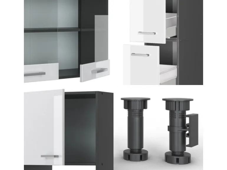 Vicco R-Line Küchenzeile Weiß Hochglanz/Anthrazit 350 cm mit HochschrankAP Marmor ohne E-Geräte