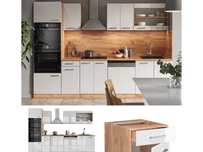 Vicco R-Line Küchenzeile Weiß Hochglanz/Goldkraft Eiche 300 cm mit HochschrankAP Marmor ohne E-Geräte