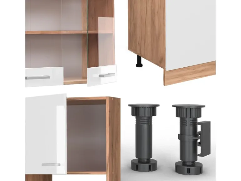 Vicco R-Line Küchenzeile Weiß Hochglanz/Goldkraft Eiche 300 cm mit HochschrankAP Marmor ohne E-Geräte