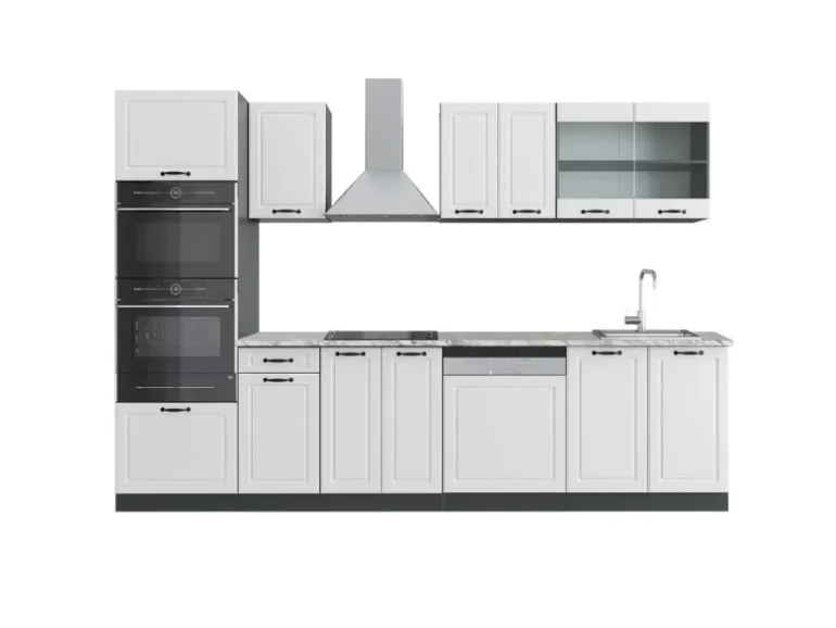 Vicco R-Line Küchenzeile Weiß Landhaus/Anthrazit 300 cm mit HochschrankAP Marmor ohne E-Geräte