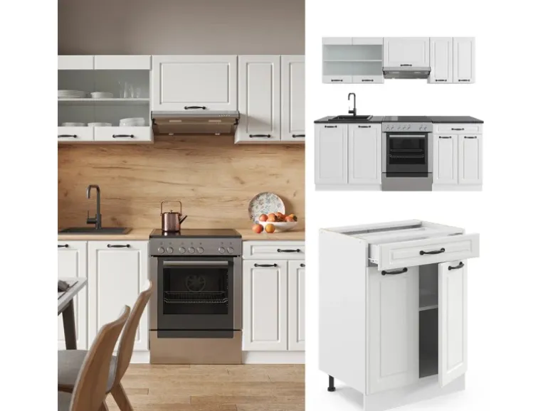 Vicco R-Line Küchenzeile Weiß Landhaus/Weiß 200 cm AP Marmor ohne E-Geräte