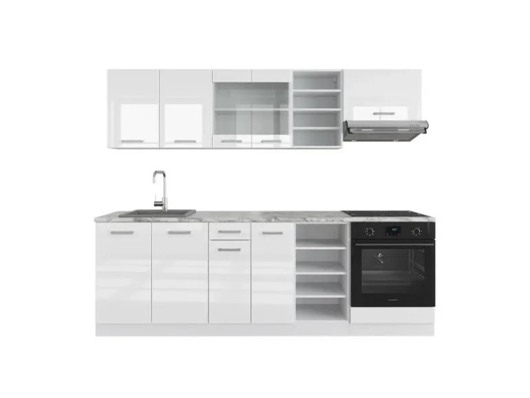 Vicco R-Line Küchenzeile Weiß Hochglanz/Weiß 240 cm AP Marmor ohne E-Geräte