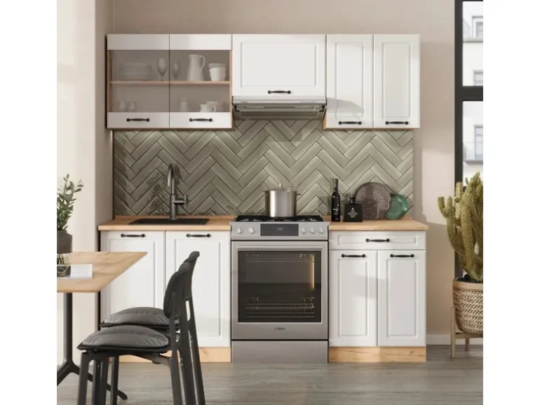 Vicco R-Line Küchenzeile Weiß Landhaus/Goldkraft Eiche 200 cm ohne Arbeitsplatte ohne E-Geräte