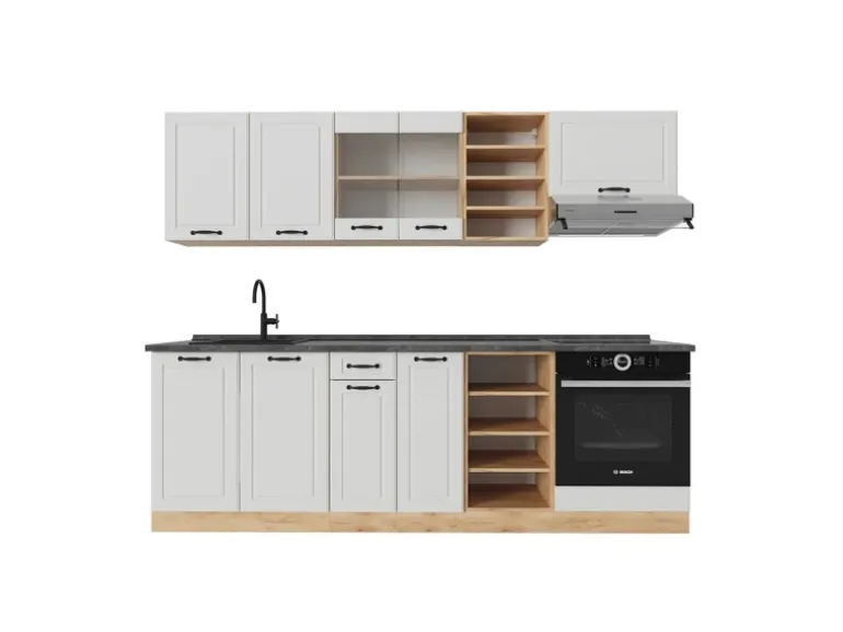 Vicco R-Line Küchenzeile Weiß Landhaus/Goldkraft Eiche 240 cm AP Anthrazit ohne E-Geräte
