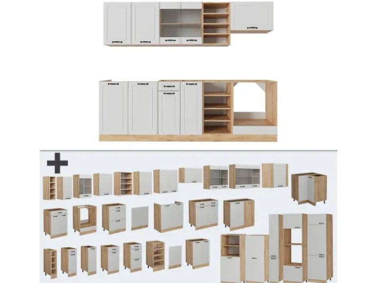Vicco R-Line Küchenzeile Weiß Landhaus/Goldkraft Eiche 240 cm AP Anthrazit ohne E-Geräte