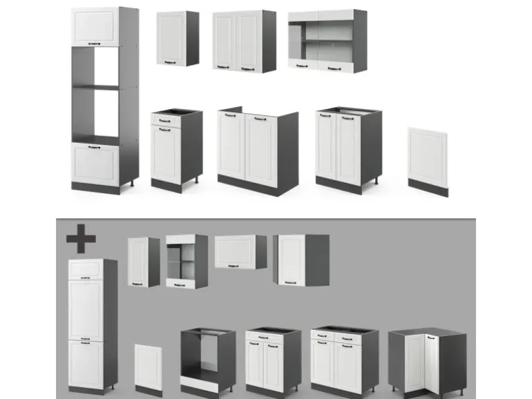 Vicco R-Line Küchenzeile Weiß Landhaus/Anthrazit 300 cm mit Hochschrankohne Arbeitsplatte ohne E-Geräte