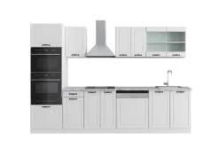 Vicco R-Line Küchenzeile Weiß Landhaus/Weiß 300 cm mit HochschrankAP Marmor ohne E-Geräte