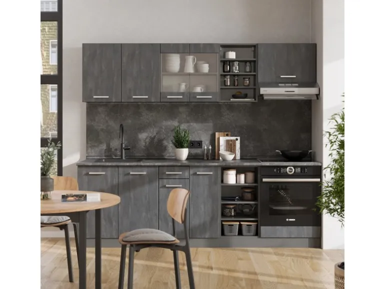 Vicco R-Line Komplettküche Schwarz Beton/Anthrazit 240 cm AP Anthrazit ohne E-Geräte