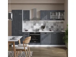 Vicco R-Line KomplettKüche Schwarz Beton/Weiß 300 cm AP Eiche ohne E-Geräte
