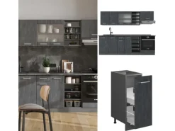 Vicco R-Line Komplettküche Schwarz Beton/Anthrazit 240 cm AP Marmor ohne E-Geräte
