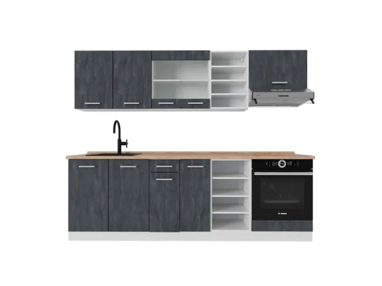 Vicco R-Line Komplettküche Schwarz Beton/Weiß 240 cm AP Eiche ohne E-Geräte