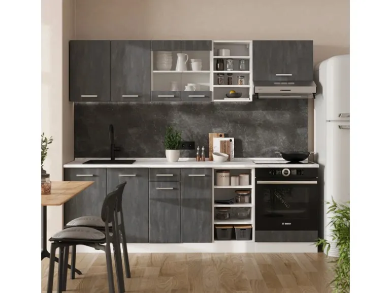 Vicco R-Line Komplettküche Schwarz Beton/Weiß 240 cm AP Eiche ohne E-Geräte