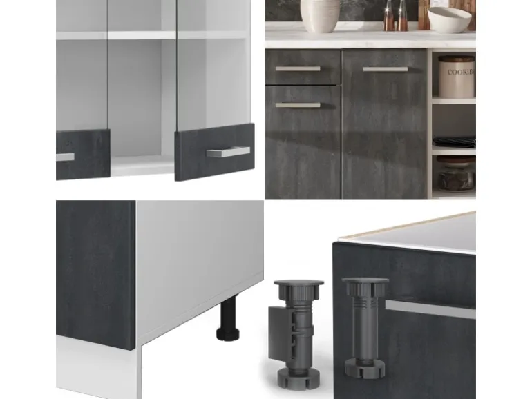 Vicco R-Line Komplettküche Schwarz Beton/Weiß 240 cm AP Eiche ohne E-Geräte