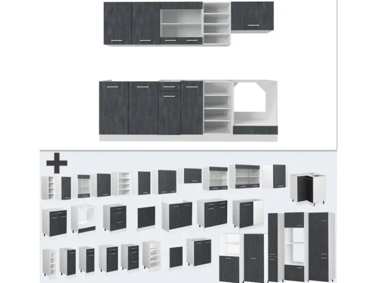 Vicco R-Line Komplettküche Schwarz Beton/Weiß 240 cm AP Eiche ohne E-Geräte