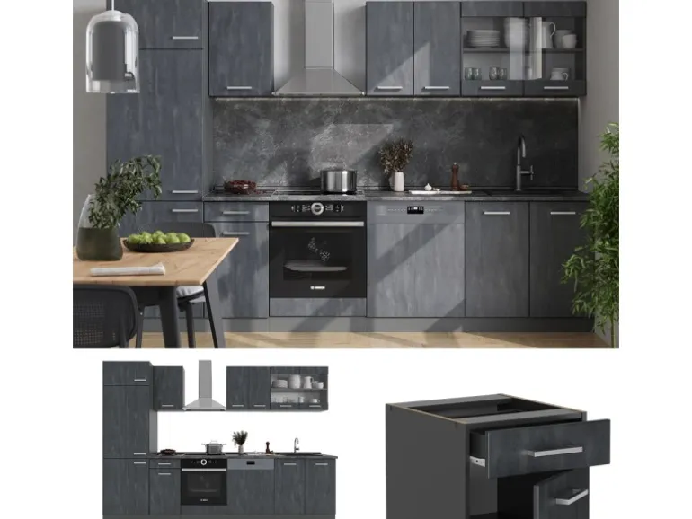 Vicco R-Line KomplettKüche Schwarz Beton/Anthrazit 300 cm AP Marmor ohne E-Geräte