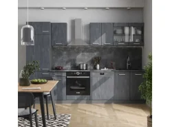 Vicco R-Line KomplettKüche Schwarz Beton/Anthrazit 300 cm AP Marmor ohne E-Geräte