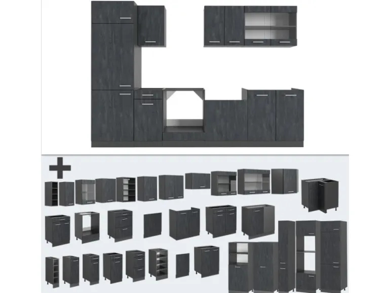 Vicco R-Line KomplettKüche Schwarz Beton/Anthrazit 300 cm AP Marmor ohne E-Geräte