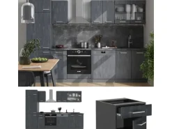 Vicco R-Line Komplettküche Schwarz Beton/Anthrazit 300 cm AP Eiche ohne E-Geräte